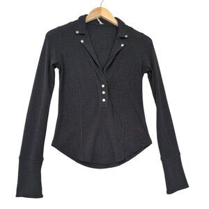 Free People Top Womens XS Black Long Sleeve V-Neck Henley Textured Collar Casual